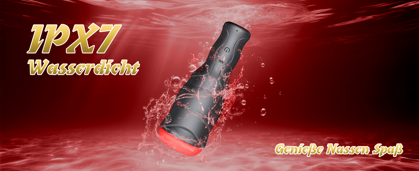 Der Text lautet „IPX7 Waterproof“ vor rotem Hintergrund mit schwarzer Taschenlampe oder Taschenlampe, abgebildet mit Wasserspritzereffekten.