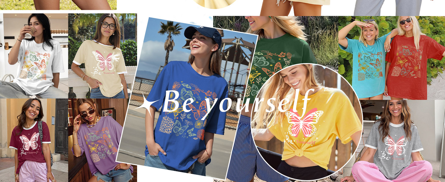 Collage of people wearing colorful t-shirts and tops with butterfly designs. Shirts feature various styles, colors, and graphics, showcasing a casual, summery clothing collection.
