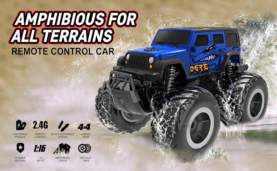 1/16 4 WHEEL DRIVE AMPHIBIOUS REMOTE CONTROL CAR FOR ALL TERRAINS; with 2.4G REMOTE CONTROL