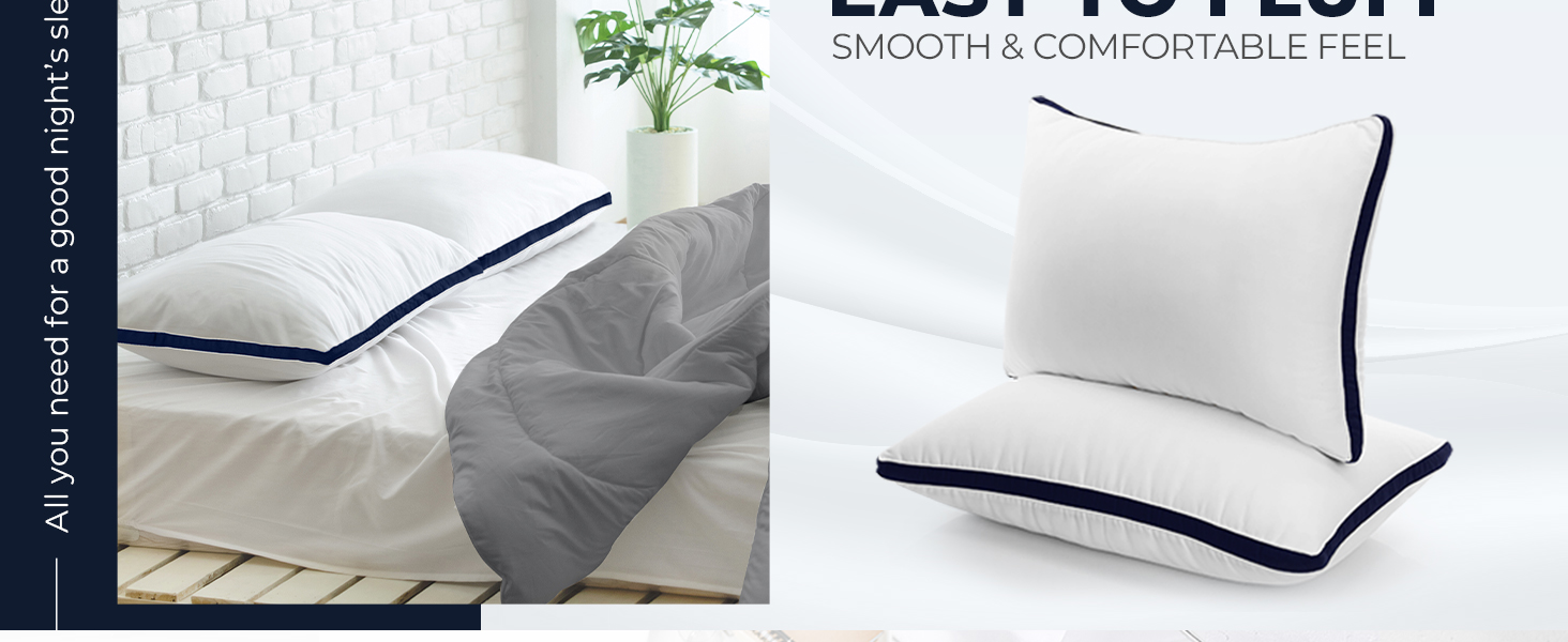 White pillow set with navy blue piping detail, shown from multiple angles highlighting smooth texture and comfortable appearance.