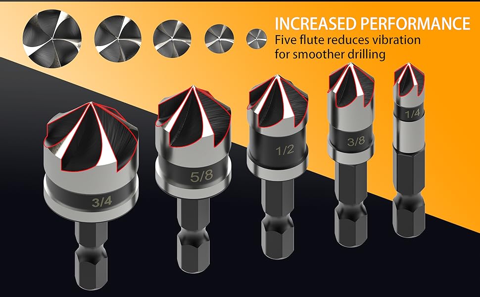 Countersink Bit Set for Metal, M2 Cobalt Countersunk Bits 5 Pieces, 1/4