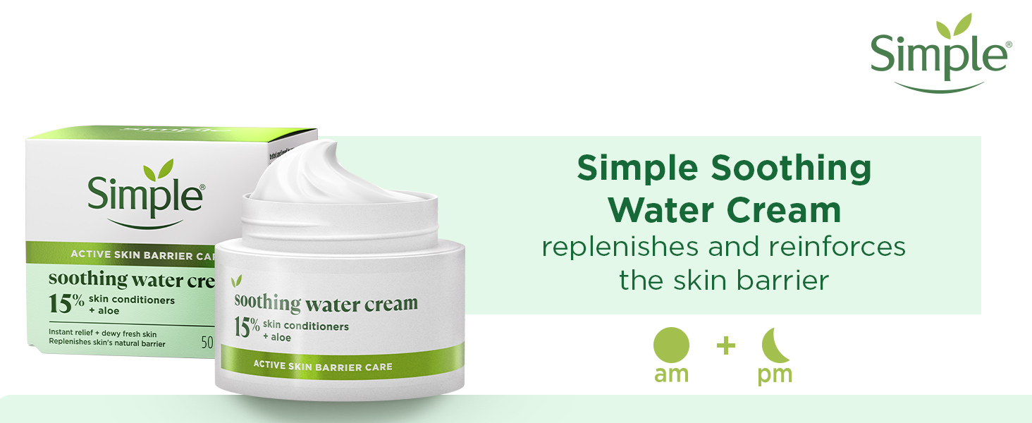 Simple Soothing Water Face Cream 50 ml replenishes and reinforces the skin barrier