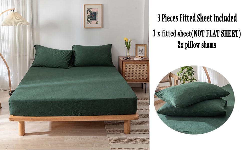 DONEUS Dark Green Fitted Sheet Queen, 3 Piece(1 Fitted Sheet, 2 Pillow Cases) Extra
