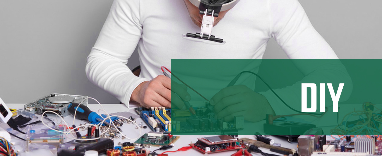 Electronic components and tools scattered on a white surface. A person in a white shirt is working with a small device, likely soldering or assembling. Text overlay reads 'DIY'.