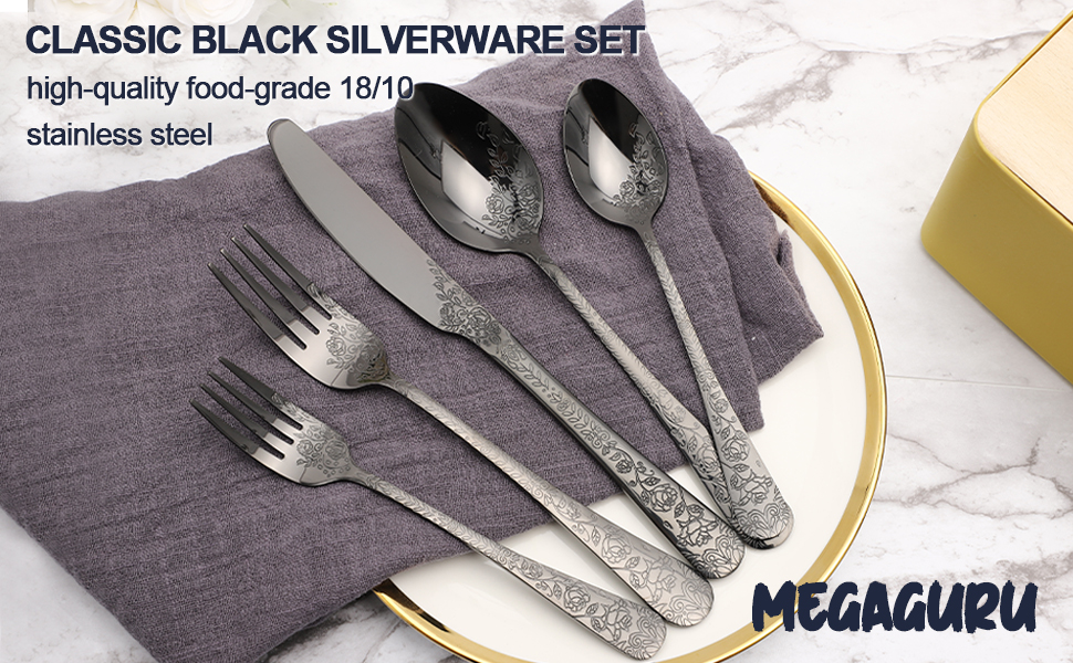 Black Silverware Set, MEGAGURU 40Piece Stainless Steel
