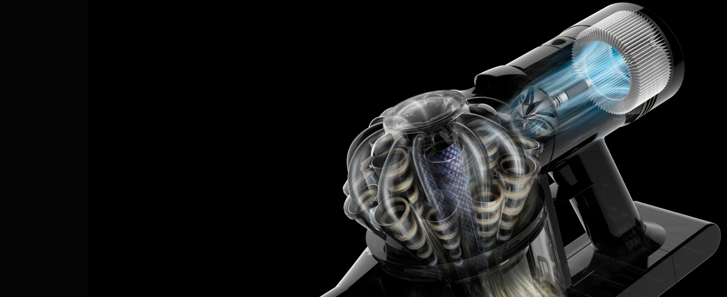 Dyson Car+Boat handheld vacuum close-up graphics of the cyclone system.