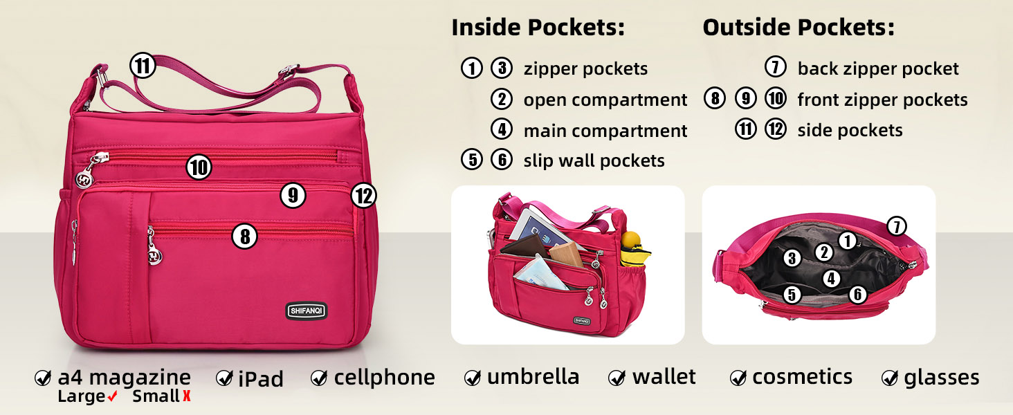 Women Crossbody Purse Roomy Multiple Pockets Bag Ladies Shoulder Handbag Fashion Travel Satchel