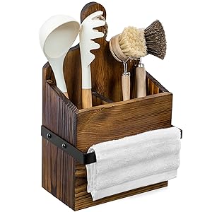 Rustic Wall Mounted Solid Wood Utensil Holder with Towel Bar