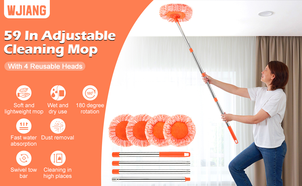 Wjiang Adjustable Cleaning Mop, 59in 180° Rotatable Mops