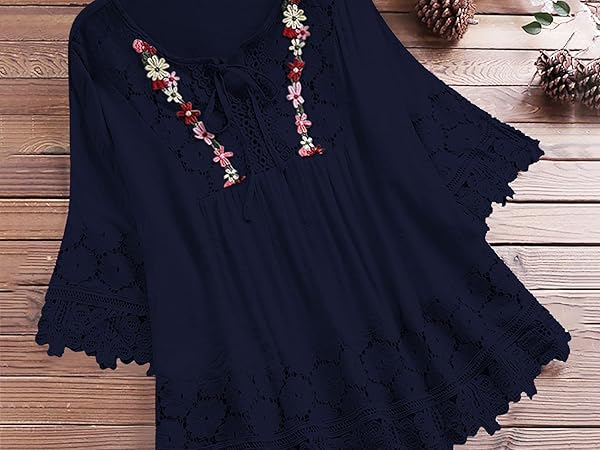 Plus Size Blouse Women Vintage Lace Patchwork Bow V-Neck