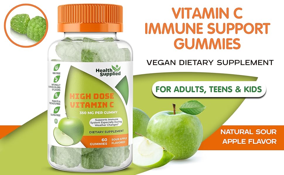 Mega dose bottle vitamin c gummies sour apple Bote megadosis vitamina c gomitas manzana agria