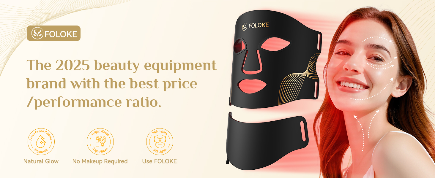 Black facial mask device with red light therapy features. Shaped to cover face and neck areas. Displayed alongside product logo and performance claims.