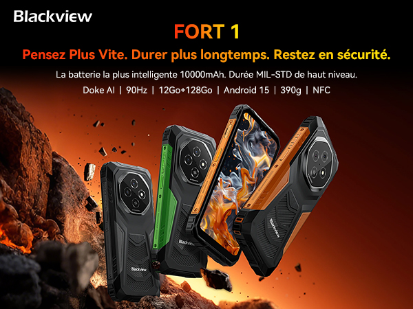 Blackview Fort 1 Android 15 Téléphone Portable Incassable 2025, Batterie 10000mAh Smartphone Incassable, 12Go+128Go/2To TF, 6.56''HD+, Doke AI, IP68/IP69K/NFC/GPS/OTG/Fingerprint/2 Ans Garantie : Amazon.fr: High-Tech
