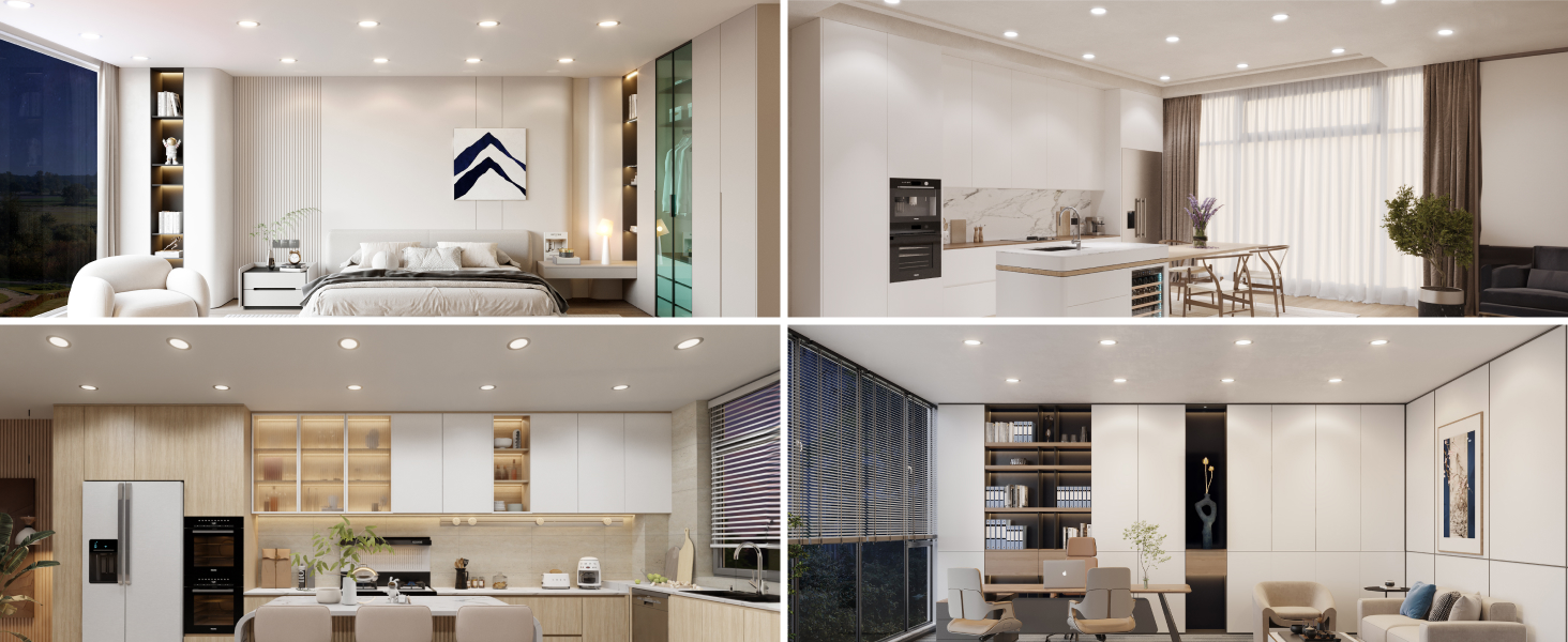 4 images displaying a bedroom, kitchen, dining room, & office.