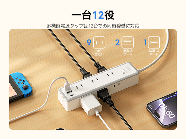 Amazon.co.jp: 延長コード 2m 電源タップ usb付き 9個AC口 2個