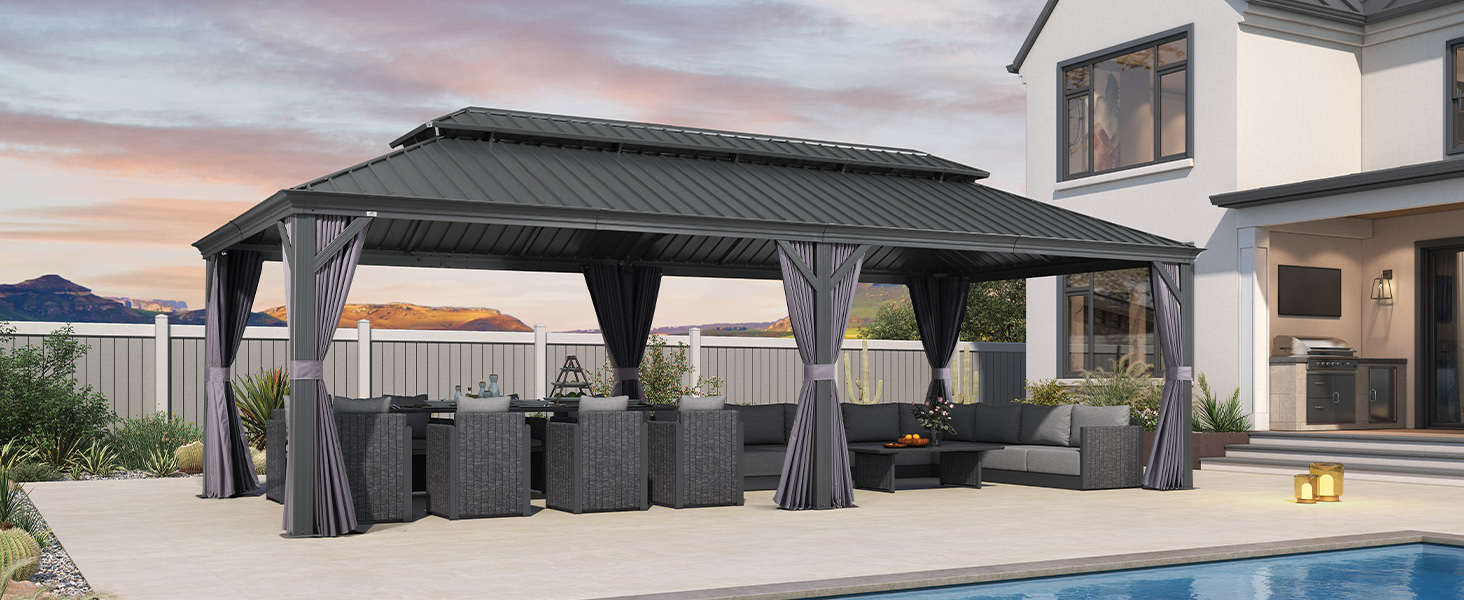 Outdoor Hardtop Gazebo Aluminum Pavilion with Galvanized Steel Double Roof
