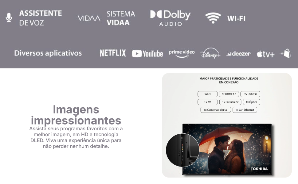  Smart TV DLED 32 HD Toshiba VIDAA 2HDMI 2USB Wi-Fi 