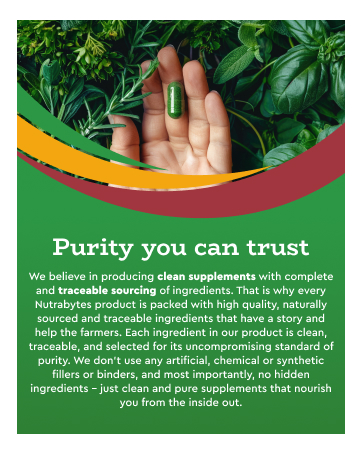 Text reads 'Image 6' and 'Purity you can trust'. Marketing image with green background and tropical leaves visible.