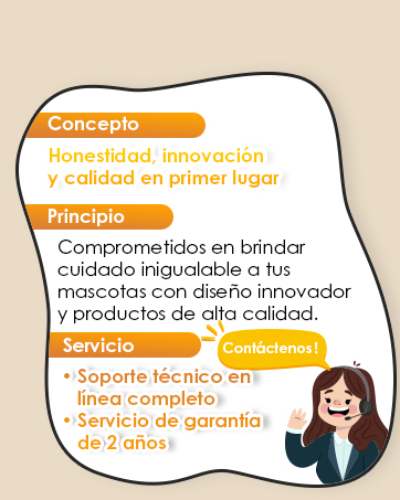 CGOLDENWALL Dog Hair Clippers 280W, 2000-6000RPM Continuous Speed Control, Low Noise< 50DB, Ideal for Pets of All Types of Coat, with 2 Blades & 2 Combs (3/6mm, 9/12mm) 17 en español con tres secciones: «Concepto», «Principio» y «Servicio», que describe los valores y servicios de la empresa. Mujer de dibujos animados dando el pulgar hacia arriba