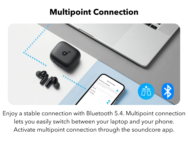Wireless earbuds with charging case next to laptop and smartphone. Diagram showing Bluetooth connectivity. Text describes multipoint connection feature.