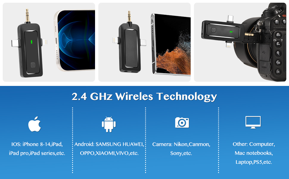 Wireless Microphone for iPhone/Andriod/Camera/Laptop/Pad, suitable for various devices.