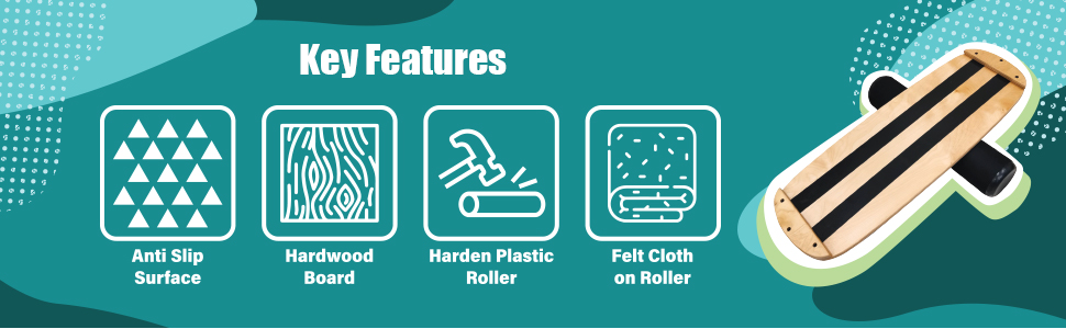 Balance board have anti slip surface, hardwood board, harden plastic roller and felt cloth on roller
