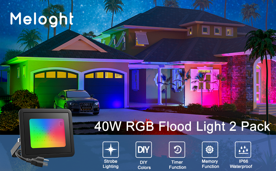 Meloght LED Flood Light Outdoor 400W Equiv, 40W RGB Color Changing