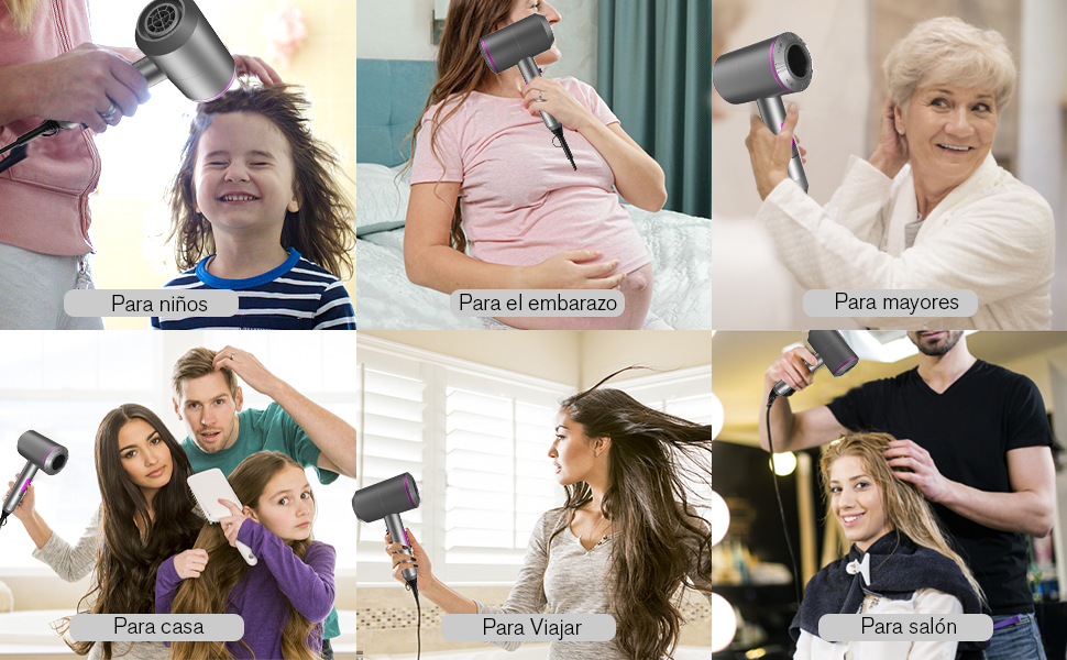 Collage de seis imágenes que muestran varios usos de un dispositivo portátil, probablemente un secador de pelo. Muestra su aplicación en diferentes tipos de cabello y edades.