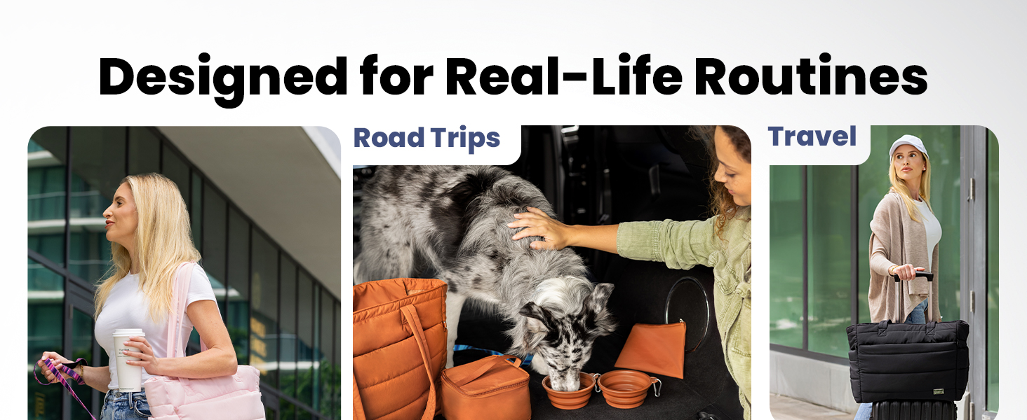 Women use dog tote for walks, travel, coffee, gym, and errands