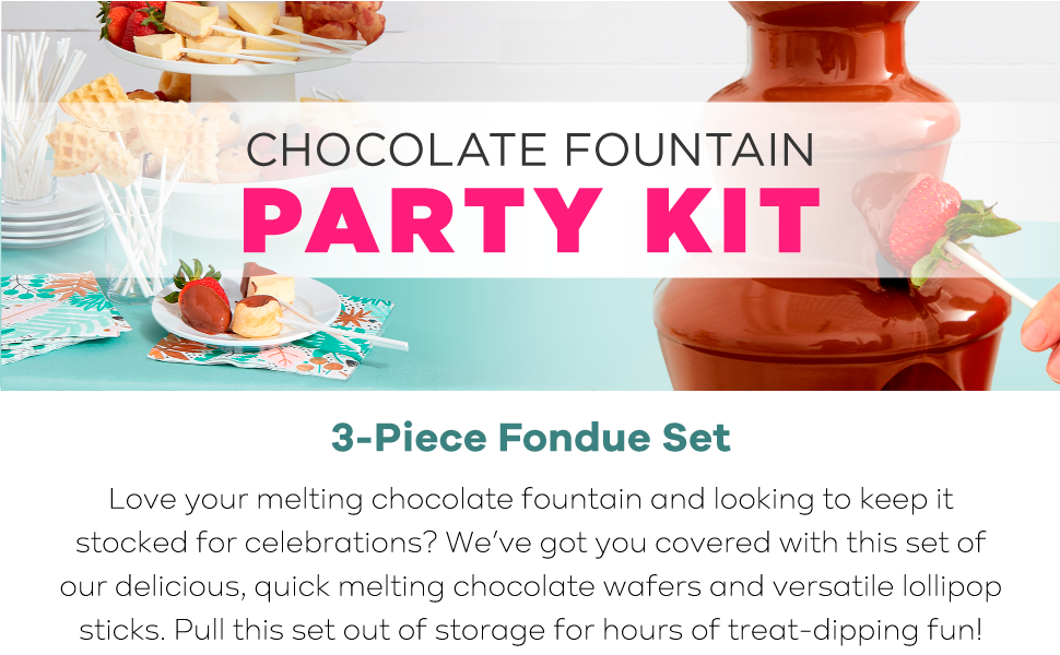 party chocolate fountain fondue melted pouring drizzle flow wafers lollipop dipping sticks dessert