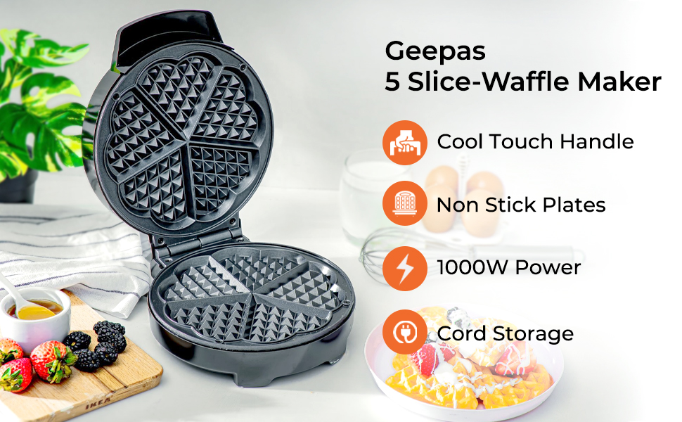 Geepas Waffle Maker 5 Slice Heart Shaped NonStick Electric Belgian