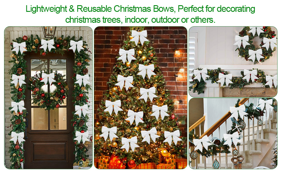MOTONG 12 PCS White Christmas Bows, 5.9 x 4.7inch Glitter Powder