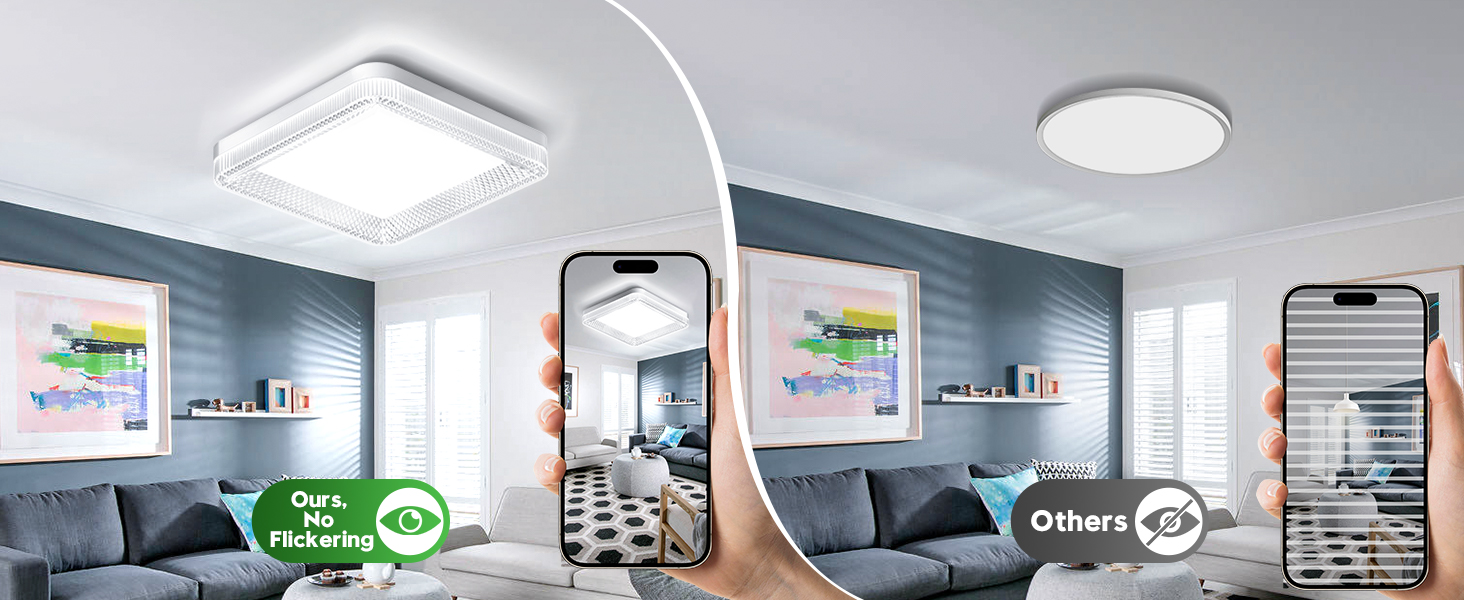 Split view of a modern living room showing ceiling lights in different states - one side bright, other side dimmed, with smartphone control interface.