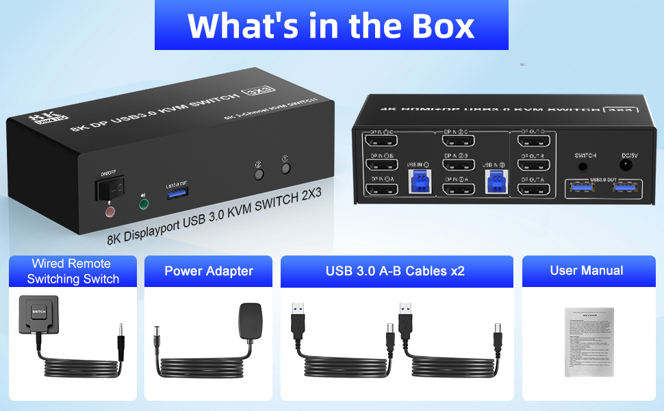 DisplayPort KVM Switch Triple Monitor 8K DP for 2 Computers Share 3 Monitors 1 Set