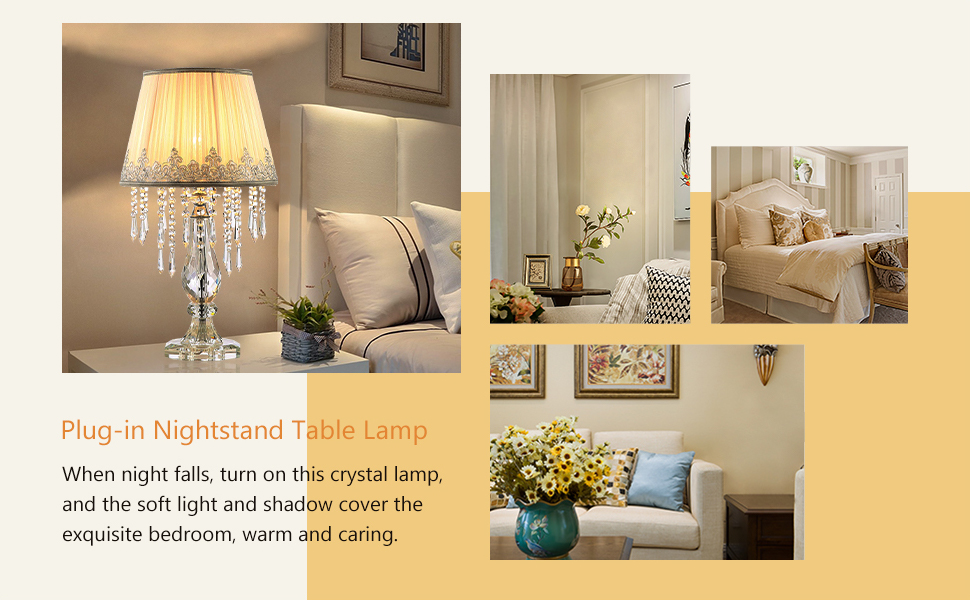 Moooni Modern Bedside Crystal Table Lamp with Ruched Fabric Lampshade