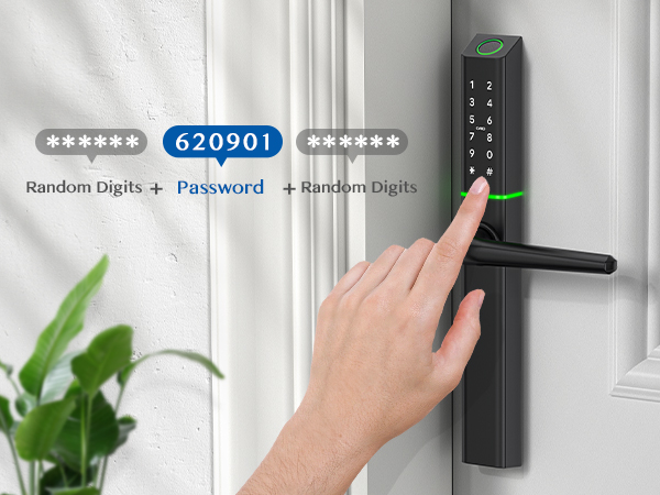 Smart door lock with digital keypad. Hand entering code. Display shows password between random digits. Green indicator light visible.