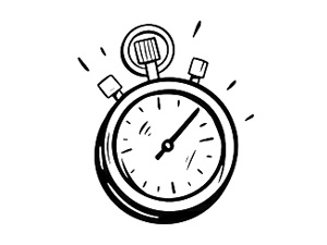 Strichzeichnung einer Stoppuhr oder eines Timers. Zeigt ein rundes Gesicht mit einem Zeiger und zwei kleinen Rechtecken, die möglicherweise Knöpfe oder Displays darstellen