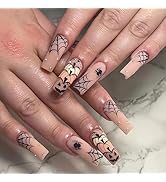 Halloween Press on Nails Long Square Fake Nails with Designs Spider Web Stick on Nail Pumpkin Acr...