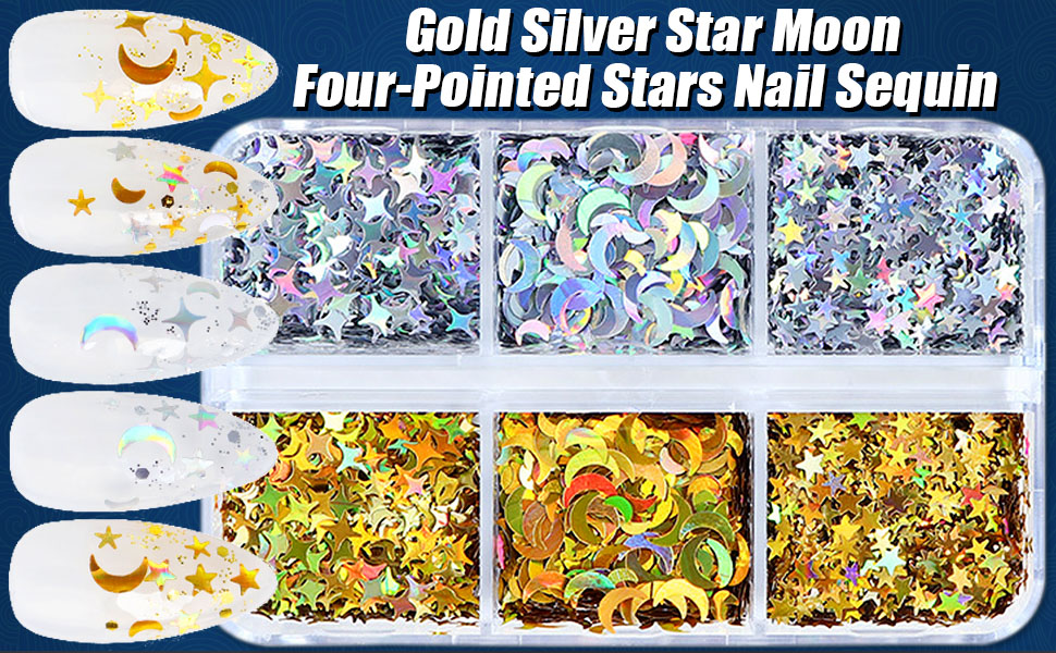 1 Box/6 Grids Nail Art Glitter Sequins Gold Silver Star Moon Four-Pointed Stars Nail Sequin