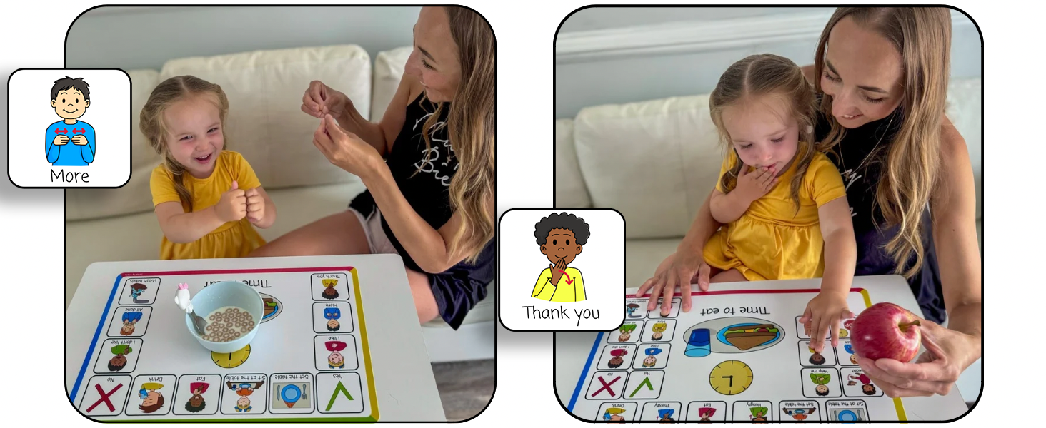 A mother teaches a child ASL for 'more' and 'thank you' 