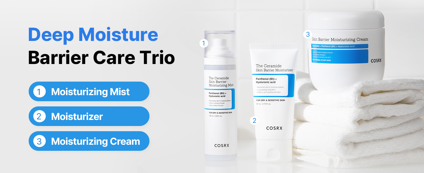 Text reads 'Deep Moisture' and 'Moisturizing Cream' with 'Barrier Care Trio' product line. White skincare product containers and packaging shown in multiple views.