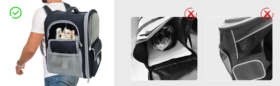 Pet carrier backpack comparison. Left image with green checkmark shows cat inside open carrier. Right images with red X's show closed carriers.