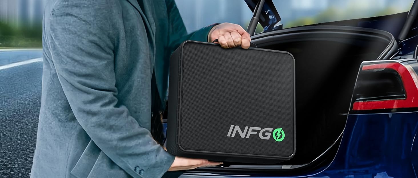 Persona que carga una maleta rectangular negra con la etiqueta «INFGO» en el maletero del automóvil. Horizonte urbano visible en segundo plano