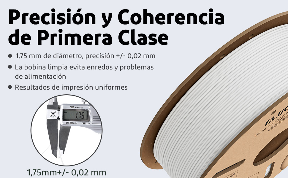 Especificações do filamento da impressora 3D mostrando 1,75mm de diâmetro com precisão de ±0.02mm. Carretel de filamento branco com diagrama de chamada de medição