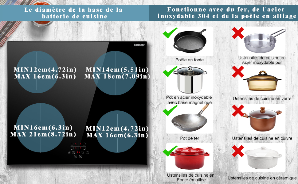 Plaque à Induction, Karinear Plaque Induction 4 Foyer, Plaque De Cuisson Induction Encastrable, Table De Cuisson Electrique Avec Commande Tactile, Minuteur, Verrouillage D'enfant, 6600W 13 1