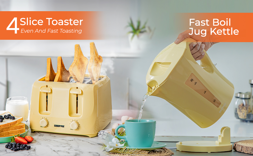 Geepas Cordless Electric Kettle & 4 Slice Bread Toaster Kitchen Set 1