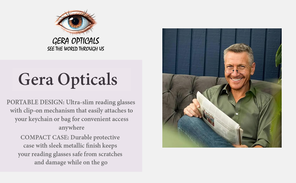 Gera Opticals Portable Clip-On Reading Glasses with Protective Case, Black Frame, Keychain Design