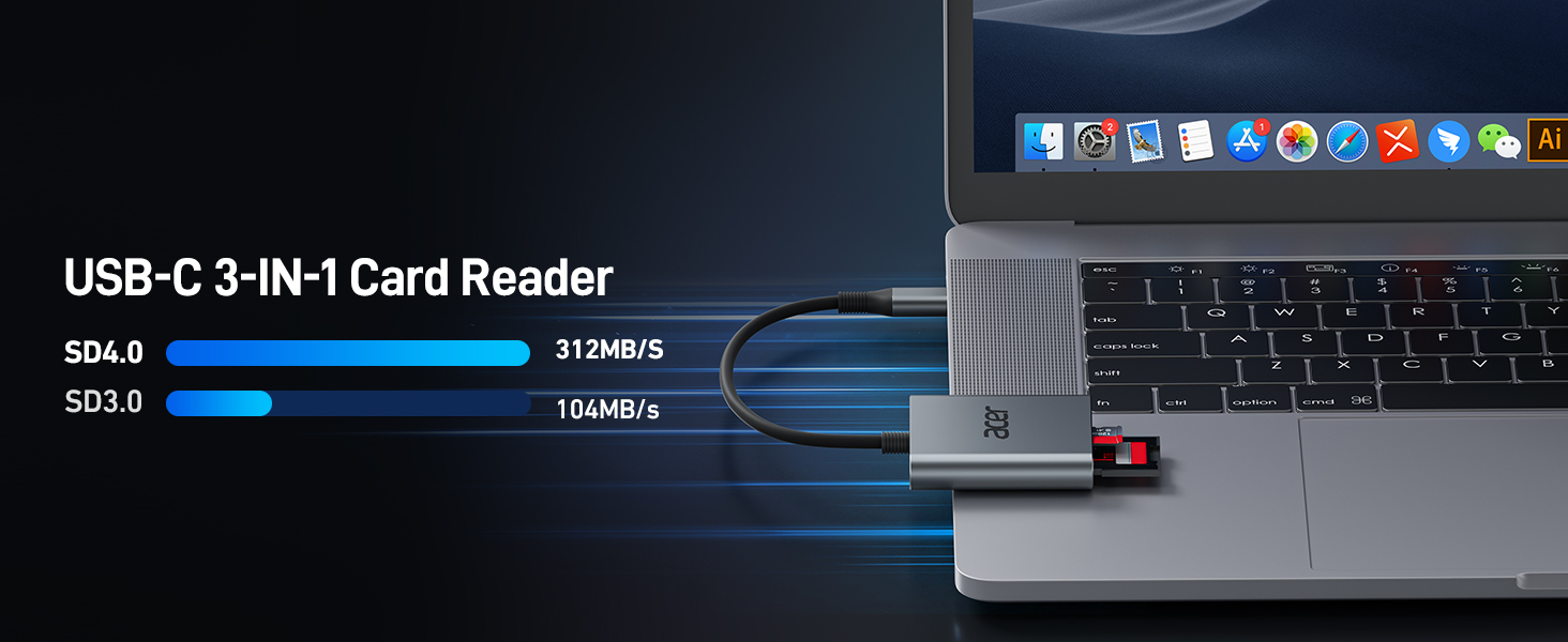 Acer UHSII USB C SD Card Reader with 100W PD Port, 3in1 TypeC SD 4.