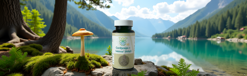 Produktflasche, fotografiert vor der malerischen Kulisse eines Bergsees mit Pinien und reflektierendem türkisfarbenem Wasser unter blauem Himmel.