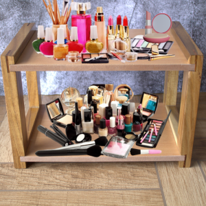 makeup vanity organizer counter top  clutter free wood space saving
